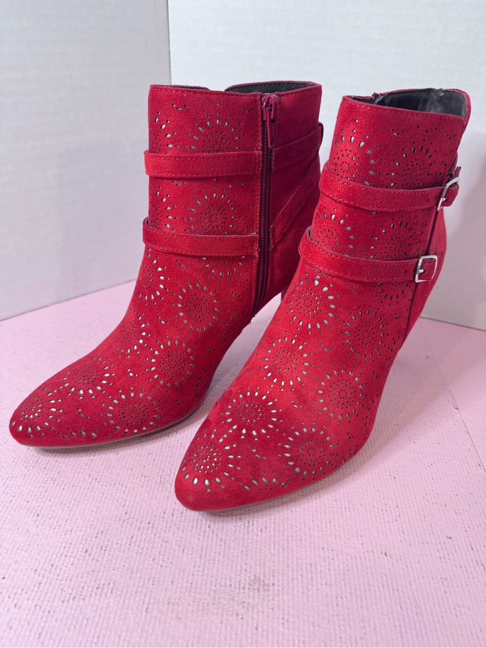 Rialto Red Suede Perforated Ankle Booties with Buckle Straps 9